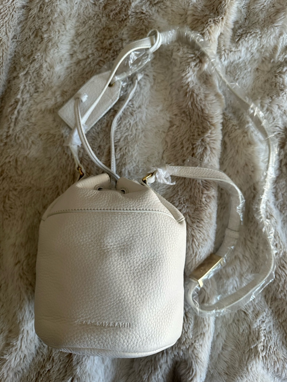Isaac Mizrahi Cream/White Leather Drawstring Mini Bucket Bag